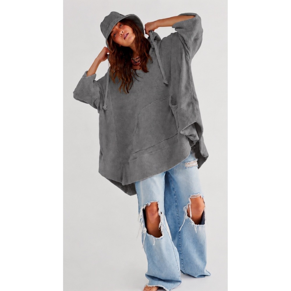 Free People Carina Poncho XS/S Grey Oversized Baggy Hooded Pullover Gorpcore